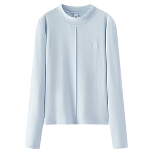 森马长袖T恤女冬半高领小心机分割2025新款刺绣紧身磨毛上衣显瘦