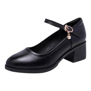 圆头真皮妈妈鞋大码40-43码单鞋中老年中跟粗跟模特旗袍走秀鞋女