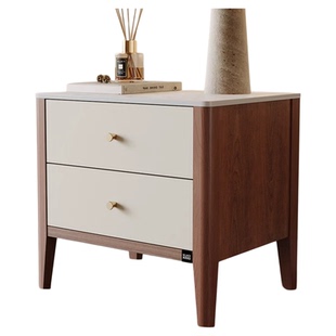 顾家家居实木设计感小众胡桃木板简易中式卧室床头岩板收纳储物柜