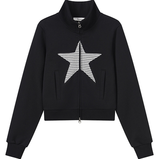7AM10PM个性星星贴布短款卫衣 黑色双拉链立领卫衣修身开衫短外套