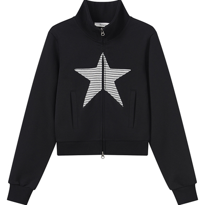 黑色双拉链立领星星贴布短款卫衣