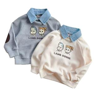 男童加绒卫衣日系童装原田治刺绣牛仔领女童卫衣可爱儿童宝宝卫衣