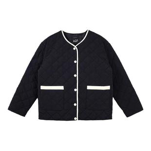 A21女装小香风薄短棉服春秋季宽松V领百搭排扣撞色简约外套通勤