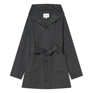 COVERINS羊毛羊绒双面呢连帽大衣外套女腰带中款冬季CC34510030