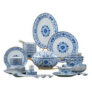 景德镇金边青花瓷骨瓷碗盘碗碟组合家用吃饭餐具酒店摆台自由搭配