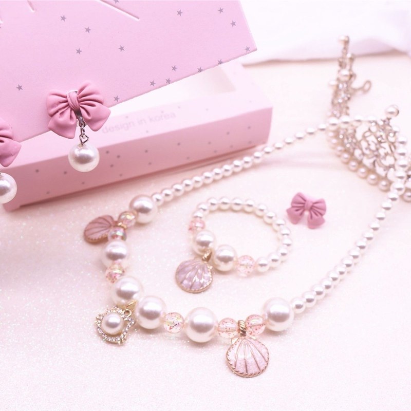 儿童款项链公主蝴蝶结贝壳仿珍珠项链手链耳夹套装小女孩饰品全套