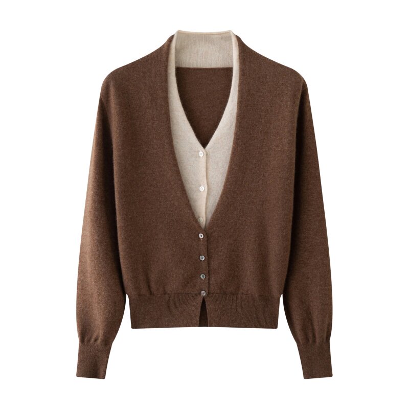 秋冬女士假两件V领羊绒针织开衫