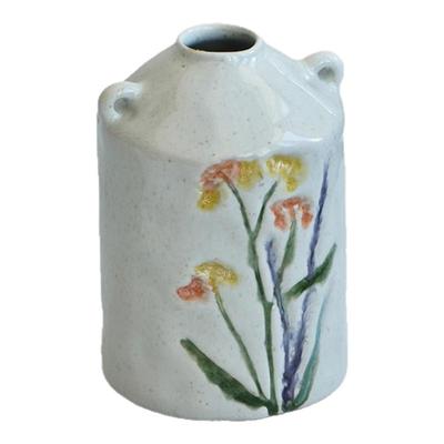 北欧风花瓶手绘花卉双耳装饰家居摆件小众复古粗陶水培花插花器