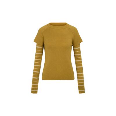 姜黄色条纹拼接长袖圆领针织衫