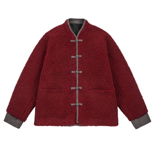 男生红色新中式羊羔毛外套男款冬季加厚古风盘扣夹克上衣2025新款