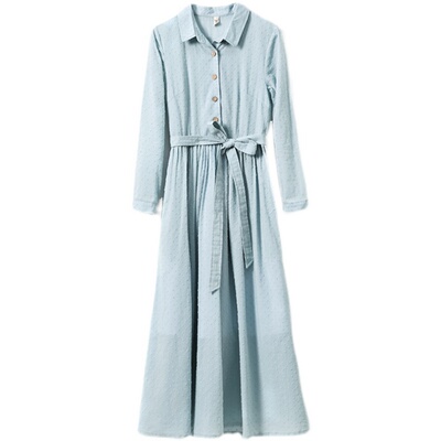 2024春夏新款旅行文艺全棉纯色连衣裙女装收腰显瘦衬衣领长袖长裙