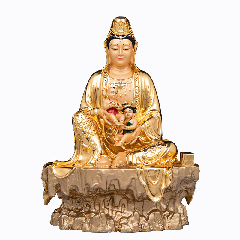 中式黄铜送子观音贴金摆件