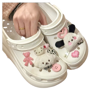 Mkop洞洞鞋配饰高级感鞋扣配件小狗熊猫毛绒鞋花适配Crocs/Cross