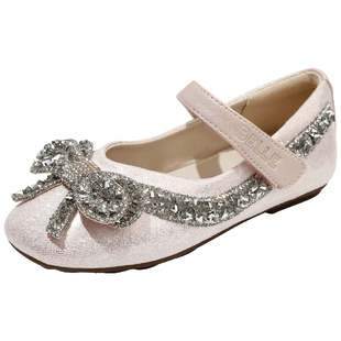 百丽童鞋小女孩软底皮鞋秋季时尚单鞋蝴蝶结公主鞋女童洋气水晶鞋