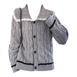 古着感娃娃翻领麻花毛衣春秋新款减龄小众复古软糯针织开衫外套女