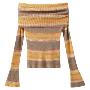 【清仓秒杀】秋绝美巨好看上衣小个子独特修身高级橘色条纹针织衫