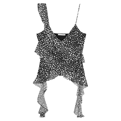 波点印花叠层木耳边装饰绢网上衣