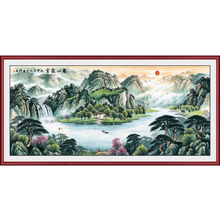 聚宝盆山水画靠山图客厅装饰画西墙聚财国画办公室旭日东升墙贴画