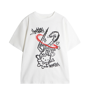 CCKOK 恶搞卡通印花宽松T恤双版本2025夏季新款白色小猫短袖女