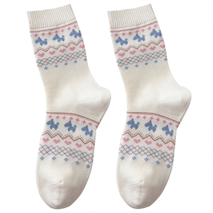 复古费尔岛袜子女中筒袜秋冬纯棉可爱卡通2026马年大红袜长筒袜