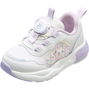 牧童女童鞋春夏儿童轻便减震旋转纽扣运动鞋透气网面甜美女闪灯鞋