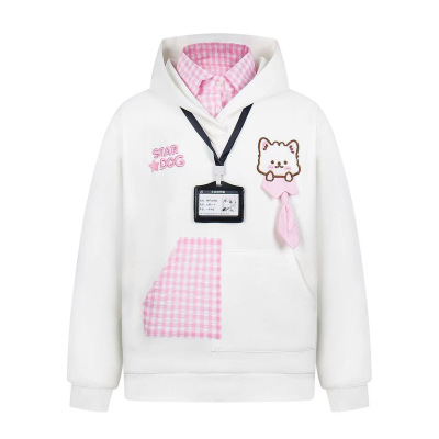 学院风小狗刺绣假两件POLO领卫衣