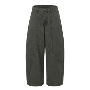 98SQUID 美式复古水洗解构拼接弯刀工装裤男女宽松休闲阔腿长裤子