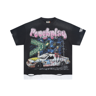 RoughPlay T-shirt Hip Hop Vintage美潮高街烫钻做旧洗水短袖T恤