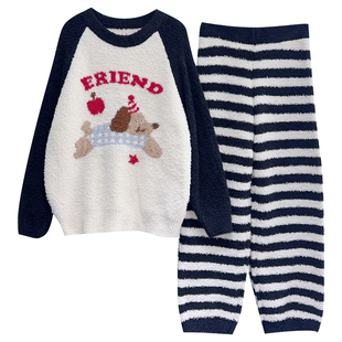 撞色小狗半边绒睡衣女秋冬季加厚加绒甜美可爱珊瑚绒家居服软绵绵