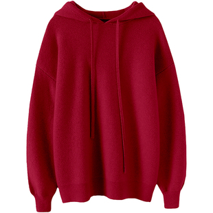 版型出众!车厘子红重磅加厚四平针连帽羊绒衫女卫衣纯羊绒毛衣冬