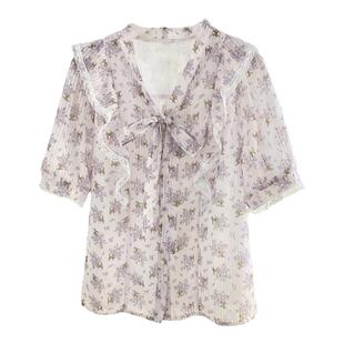 蝴蝶结紫色碎花衬衫女夏设计感减龄气质荷叶边雪纺衫短袖小衫上衣