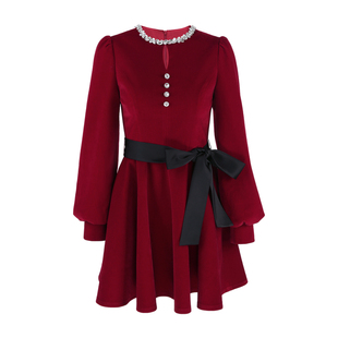 韩语琳 法式红色丝绒连衣裙女冬季圣诞节钉钻礼服裙战袍