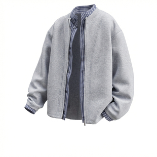 重磅假两件外套男款春季高级感拼接重磅夹克胖子宽松加肥加大码潮