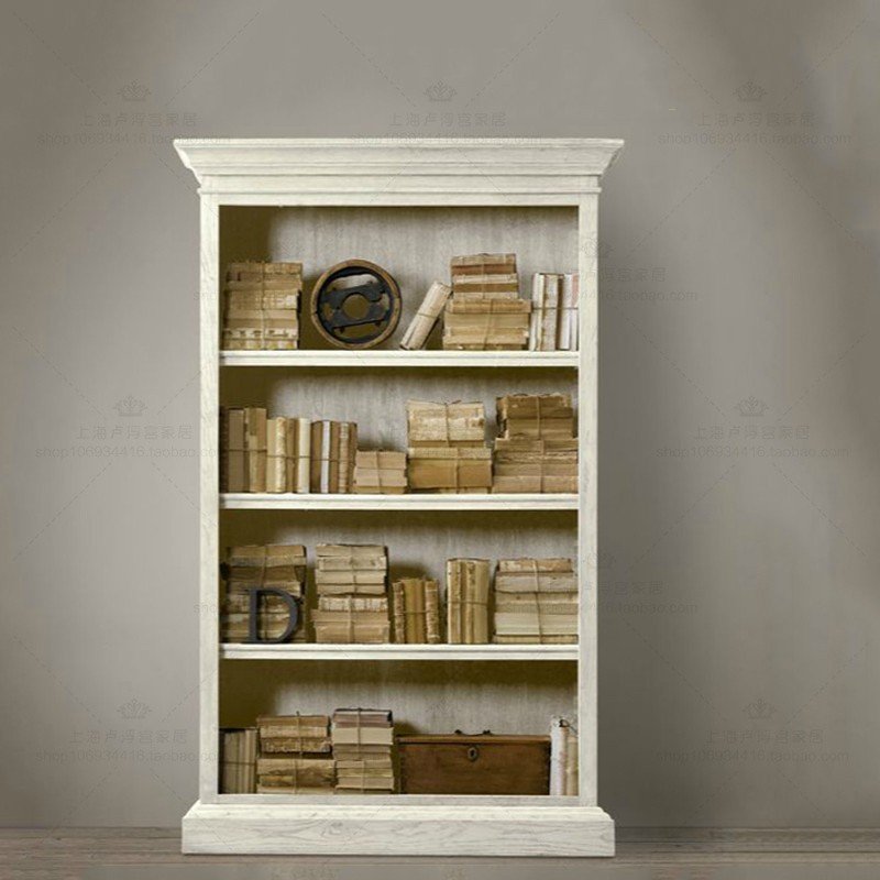 美式乡村实木儿童书柜 法式简约现代复古白色做旧书架 仿古储物柜