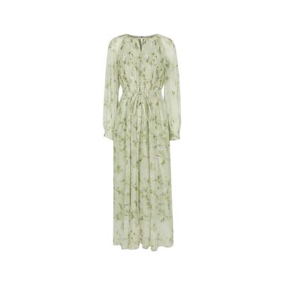 sdeer风琴褶收腰印花长袖连衣裙