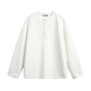 NEVERNEED肌理感条纹T恤男女秋季美式cleanfit简约亨利领长袖上衣