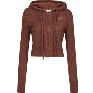 GUUKAHERO红棕连帽短款开衫毛衣女 冬季安可拉红上衣双拉链针织衫