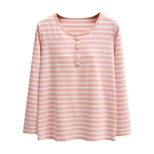 带胸垫长袖T恤女秋冬纯棉家居服上衣免文胸秋衣宽松版睡衣打底衫