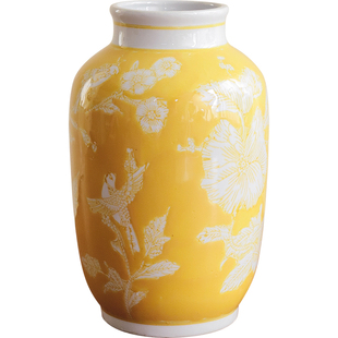 新中式发财黄陶瓷花瓶复古青花瓷宋代美学摆件客厅插花轻奢高级感