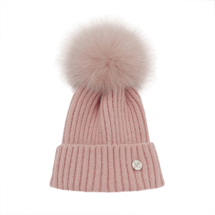 法国定制M标大狐狸毛球帽子女冬季宝宝保暖儿童护耳羊毛针织帽潮