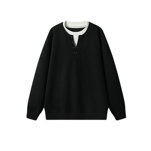 悟空有货美式复古假两件拼接圆领卫衣男女秋季宽松设计感套头上衣