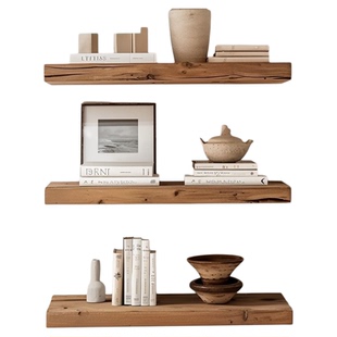 老榆木墙上书架实木隔板超窄一字板置物架装饰收纳美甲展示