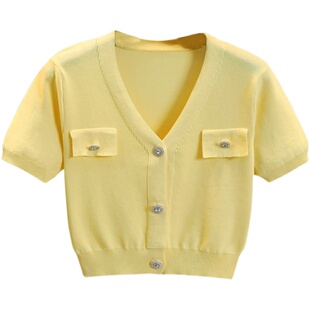 冰丝针织衫薄款女夏新款v领修身短款开衫鹅黄色香风短袖高腰上衣