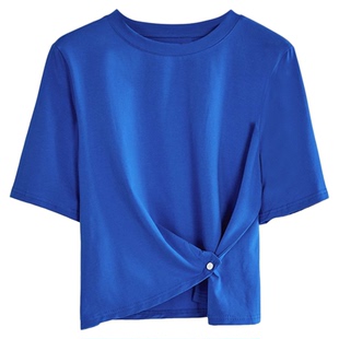 不规则克莱因蓝t恤女短袖短款上衣宝蓝色夏独特漂亮小众2025新款