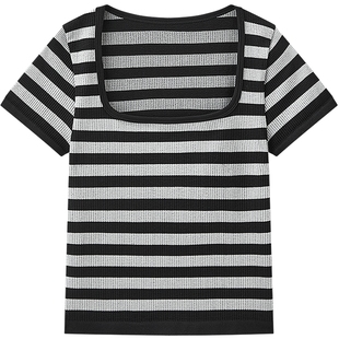 森马打底衫女款时髦复古条纹短袖T恤方圆领内搭春季上衣修身显瘦
