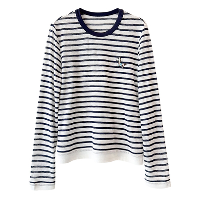 减龄百搭！小蜜蜂/小马钉珠细闪进口棉麻撞色条纹长袖休闲T恤上衣