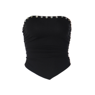 gusty街拍美式辣妹个性纽扣设计抹胸上衣潮酷拽姐不规则抽褶背心