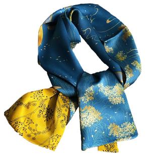 黄蓝双面双色真丝丝巾小长条秋冬洋气时尚百搭100%桑蚕丝小领巾