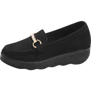 老北京布鞋女夏季薄款松糕厚底内增高工作休闲黑色豆豆平底单鞋子