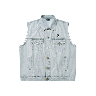 韦恩泽维尔潮牌大码牛仔马甲男春秋宽松美式街头刺绣无袖外套8577
